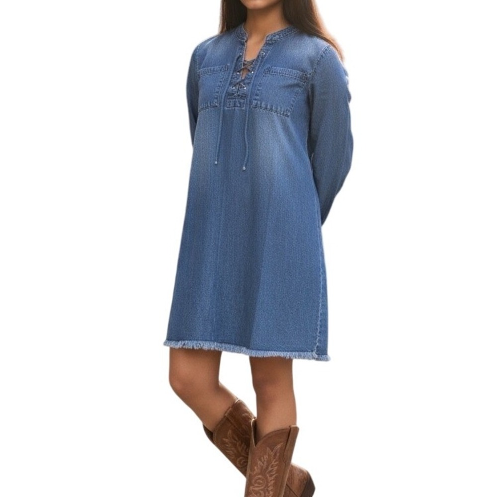 Wet Seal Denim Dress XS Long Sleeve Lace Up‎ Fringe Hem Casual Shirt Dress
